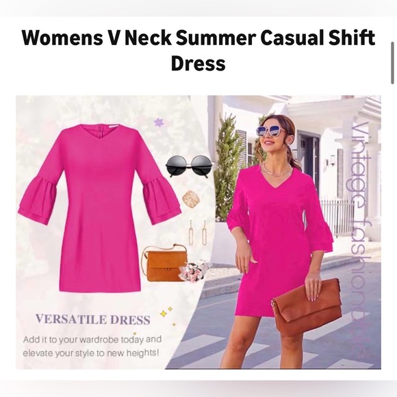 NEW BELONGSCI 3/4 Bell Sleeve Casual V-Neck Shift Dress Mini Dress XL - Picture 10 of 11